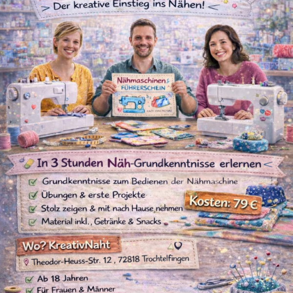Nähmaschinenführerschein für Erwachsene / Kursdauer 3 Stunden - Grundkenntnisse/Übungen/kleine Projekte