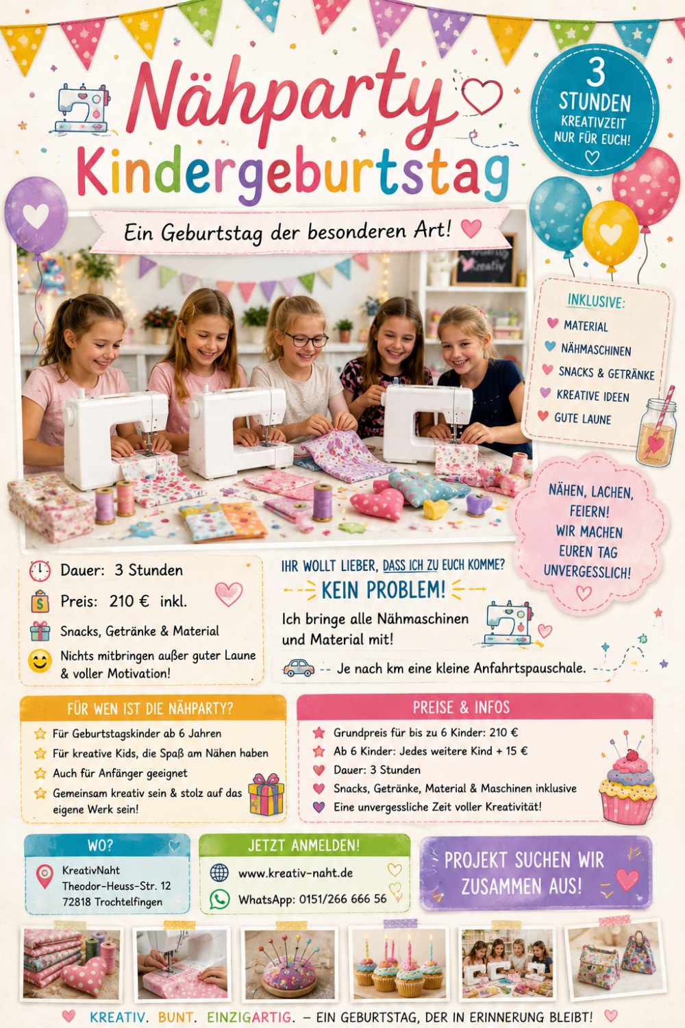 Nähparty – Kindergeburtstag bei KreativNaht / 3 Stunden kreative Nähparty