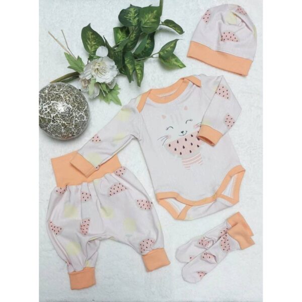 Baby Set 4-teilig „Katze Melone“ – Body, Mütze, Socken und Hose, Größe 62/68