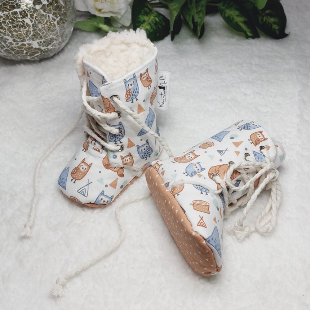 Babyschuhe Winter Boots „Indianer/Eulen“ – warm gefüttert, Größe 17/18 (3–9 Monate)