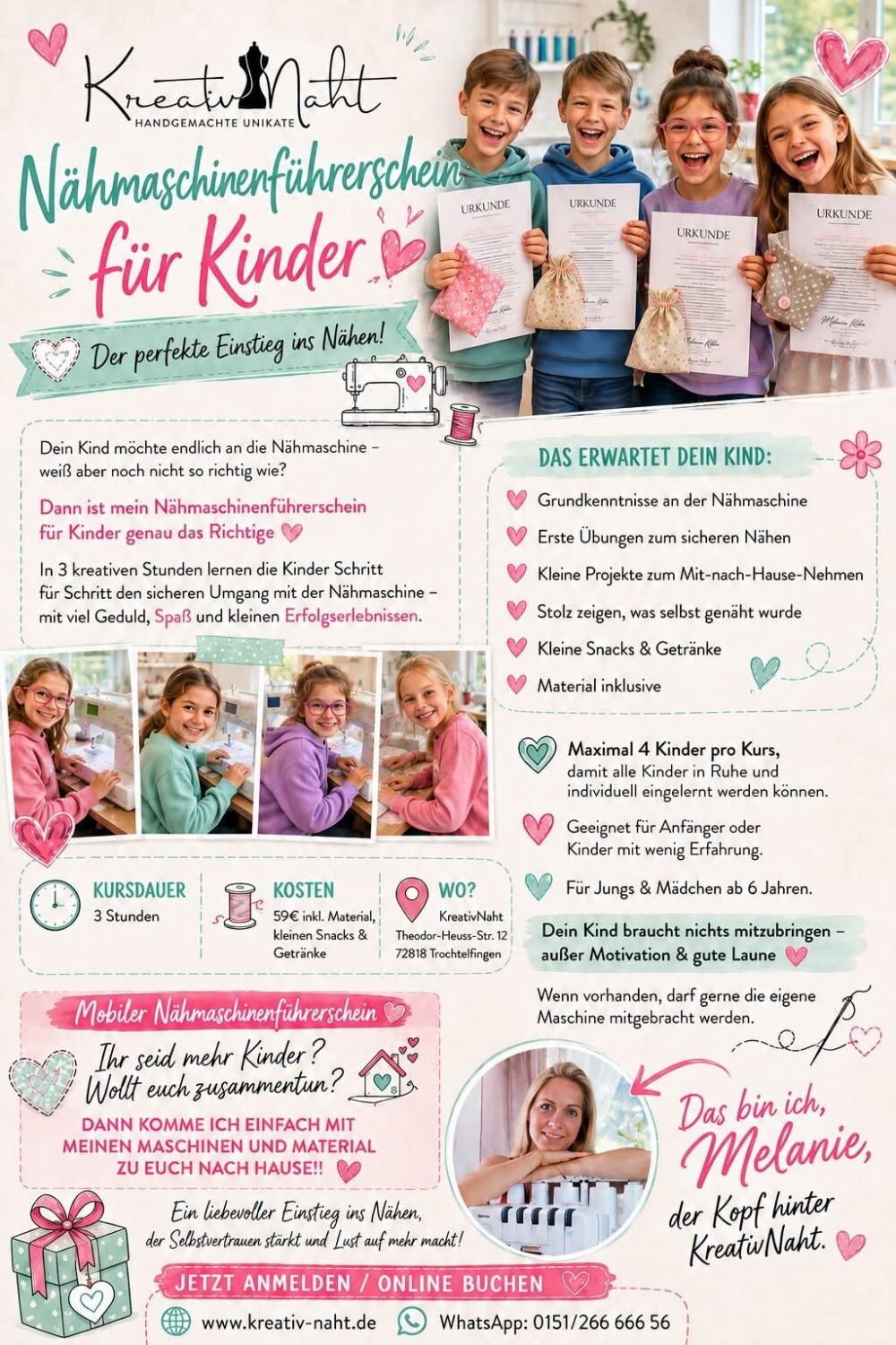 Nähmaschinenführerschein für Kinder - Kursdauer: 3 Stunden - Grundkurs / Übungen / kleine Projekte