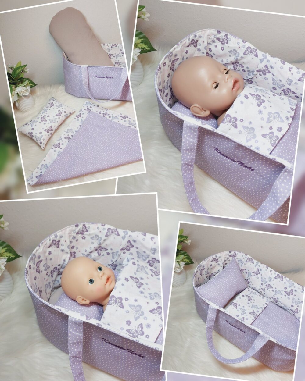 Puppenbett / Tragekorb „Schmetterlinge“ – Für verschiedene Puppen- und Kuscheltiergrößen