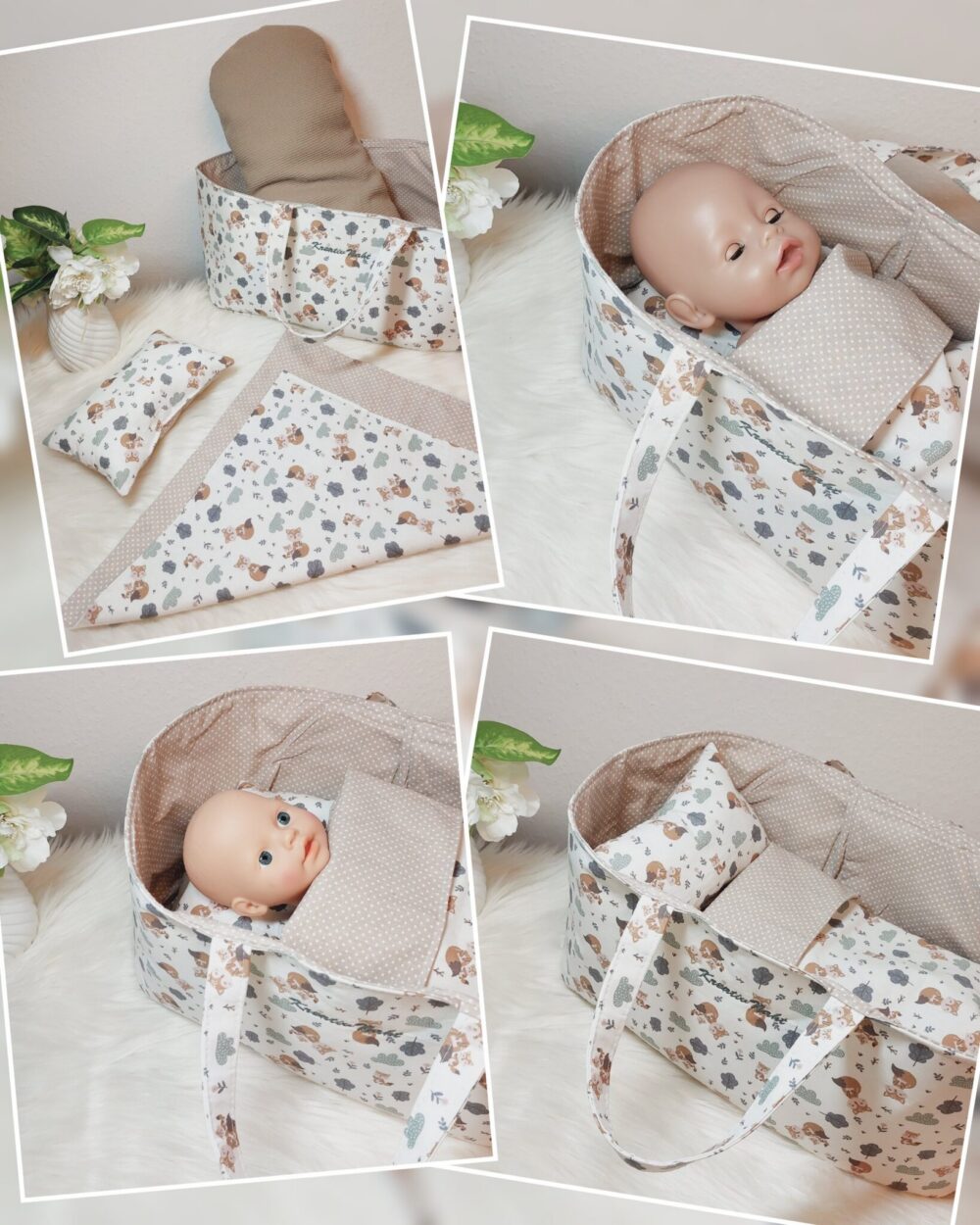 Puppenbett / Tragekorb „Füchse“ – Für verschiedene Puppen- und Kuscheltiergrößen