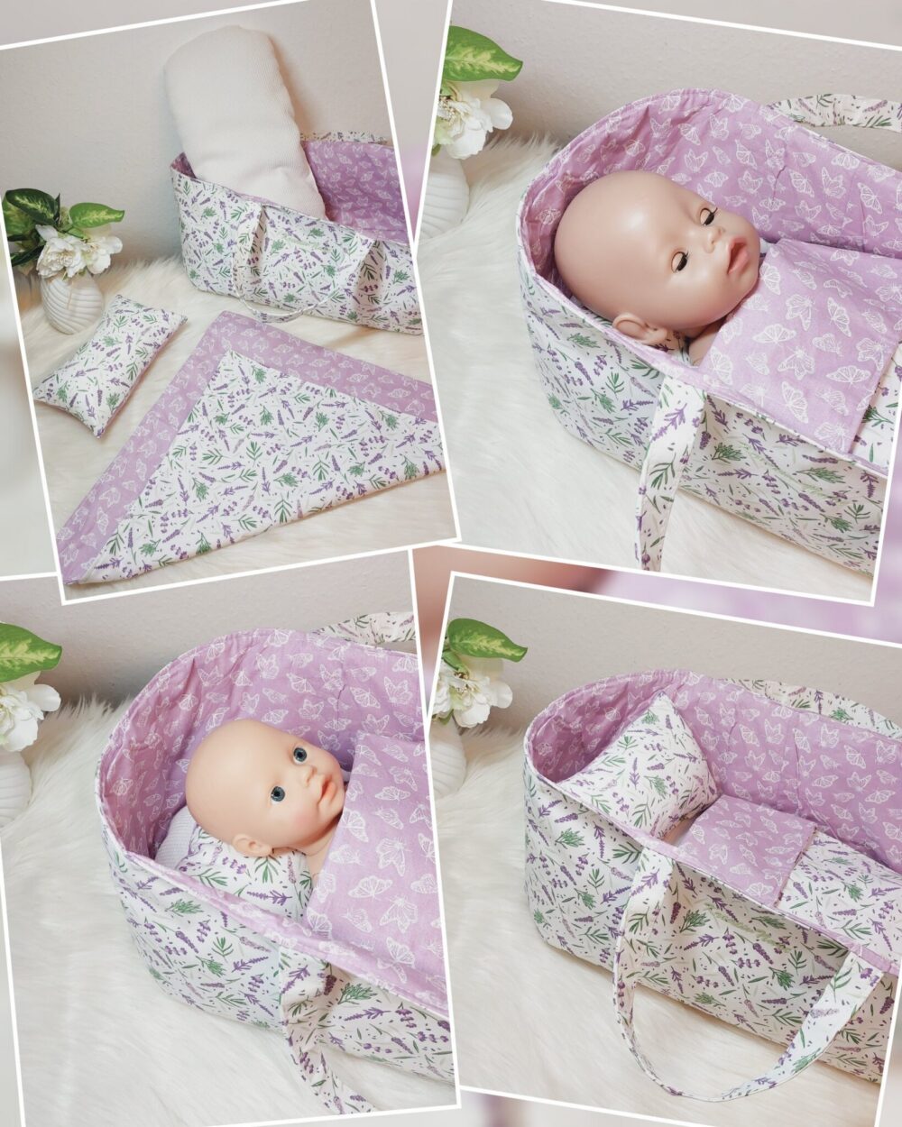 Puppenbett / Tragekorb „Lavendel“ – Für verschiedene Puppen- und Kuscheltiergrößen