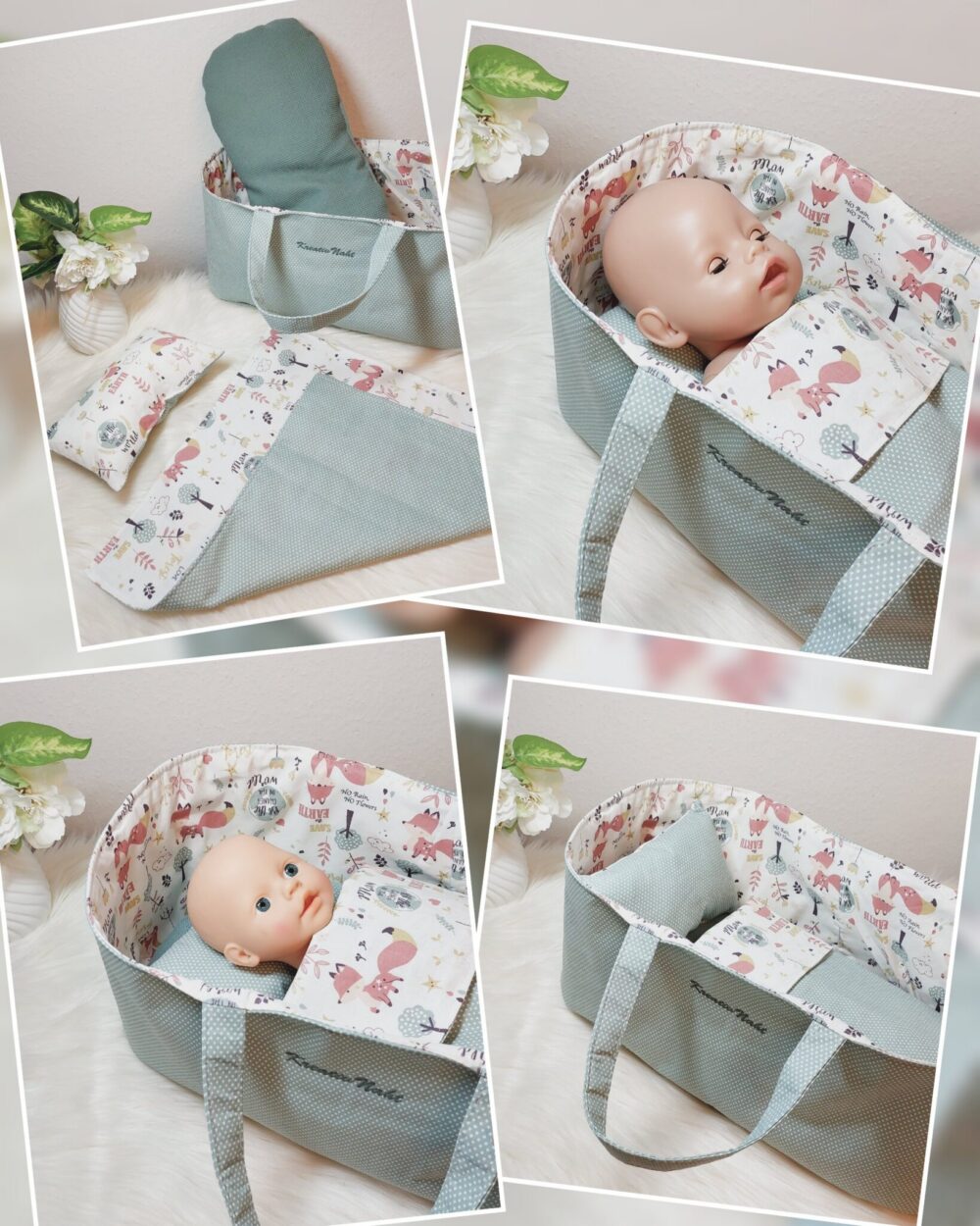 Puppenbett / Tragekorb „Füchse“ – Für verschiedene Puppen- und Kuscheltiergrößen