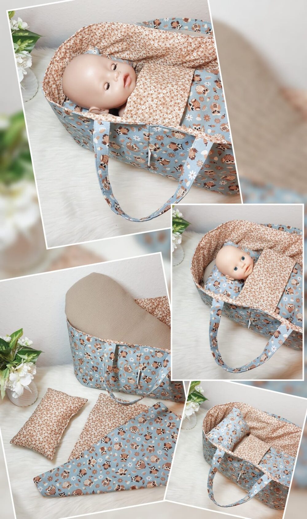 Puppenbett / Tragekorb „Eulen“ – Für verschiedene Puppen- und Kuscheltiergrößen