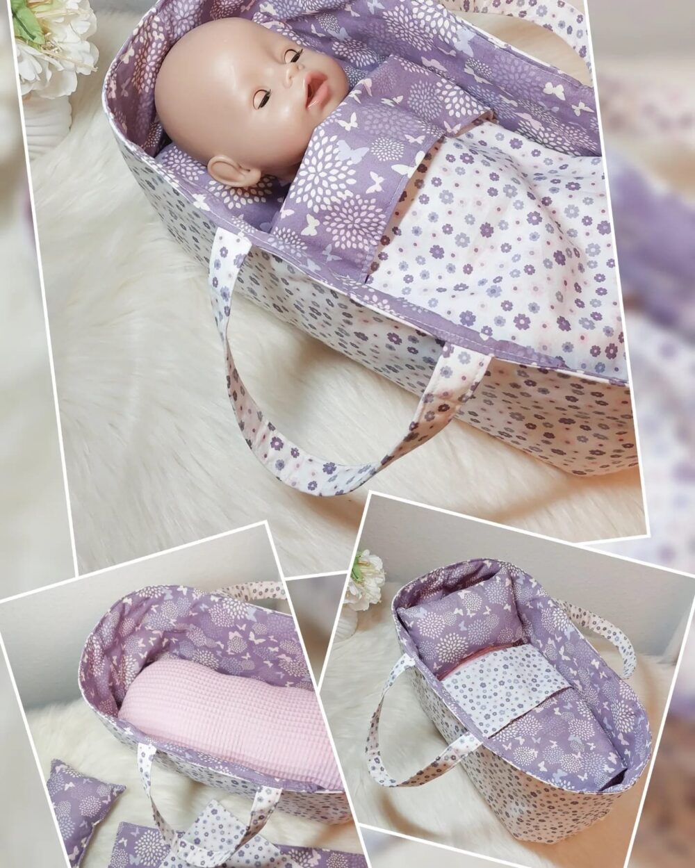 Puppenbett / Tragekorb „Schmetterlinge“ – Für verschiedene Puppen- und Kuscheltiergrößen