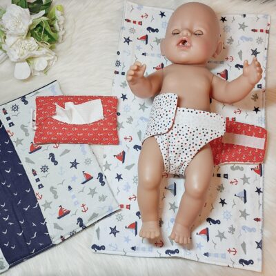 Puppen Wickeltasche „Maritim“ inkl. Wickelunterlage – Set 2-teilig