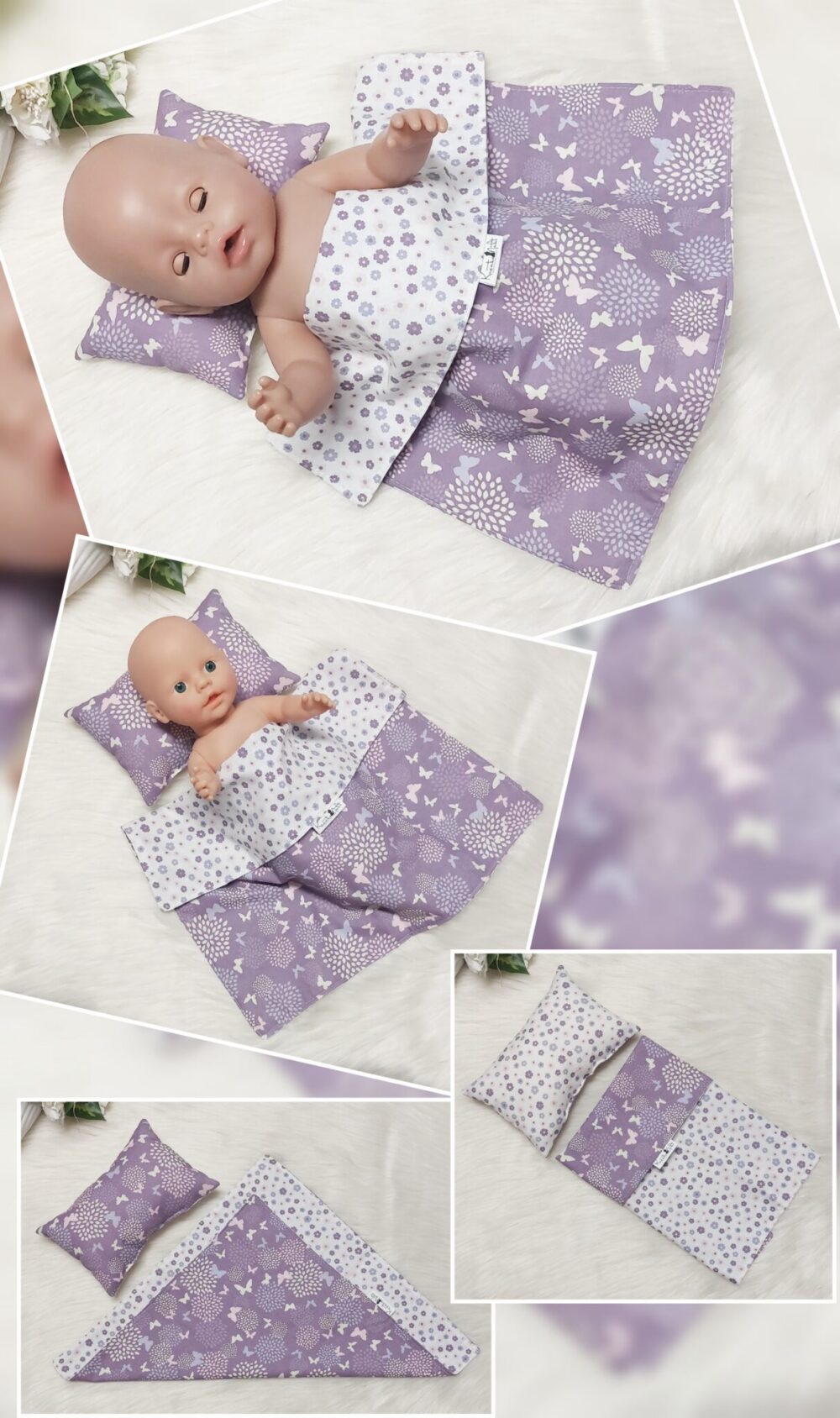 Puppenbettwäsche Set 2-tlg. „Schmetterlinge“ – Wende-Decke & Kissen, Öko-Tex zertifiziert