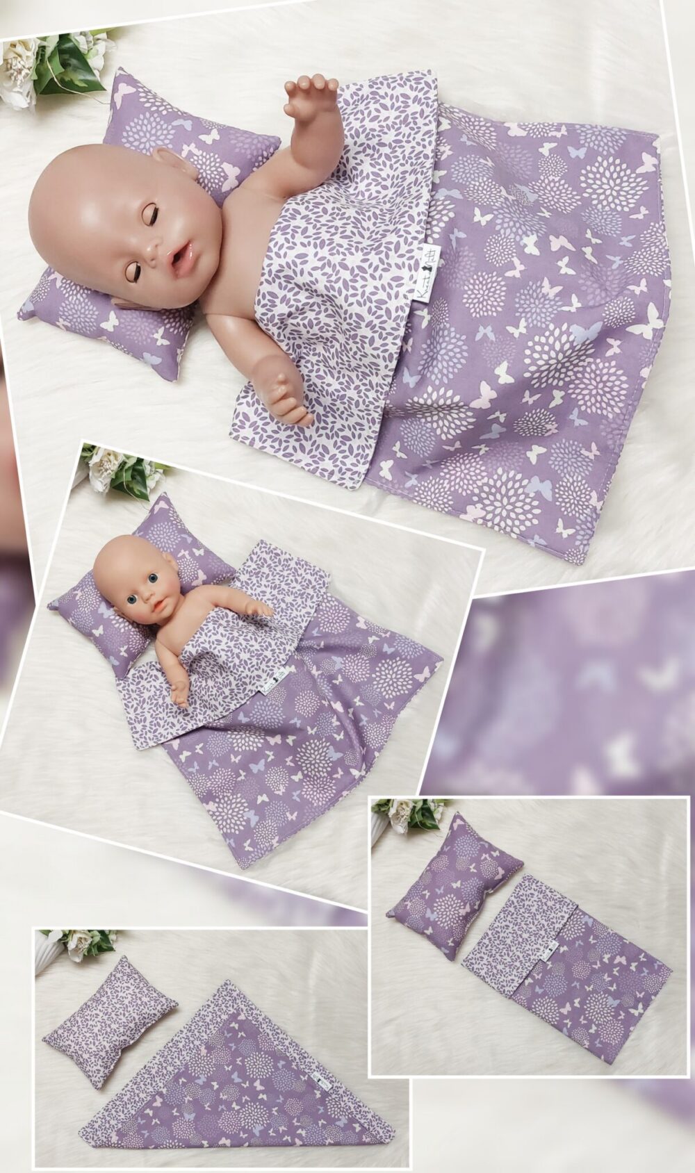 Puppenbettwäsche Set 2-tlg. „Schmetterlinge“ – Wende-Decke & Kissen, Öko-Tex zertifiziert