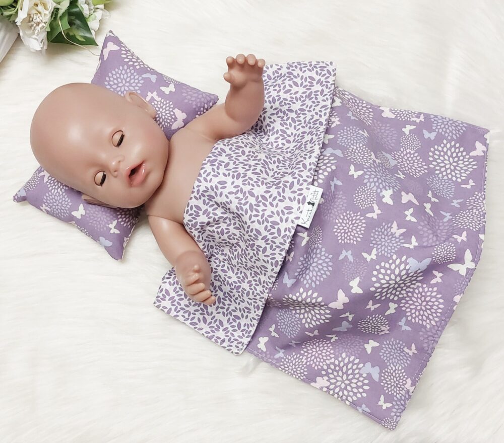 Puppenbettwäsche Set 2-tlg. „Schmetterlinge“ – Wende-Decke & Kissen, Öko-Tex zertifiziert