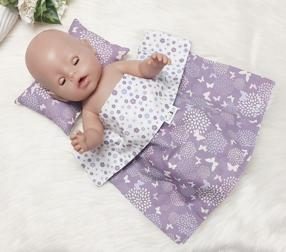 Puppenbettwäsche Set 2-tlg. „Schmetterlinge“ – Wende-Decke & Kissen, Öko-Tex zertifiziert