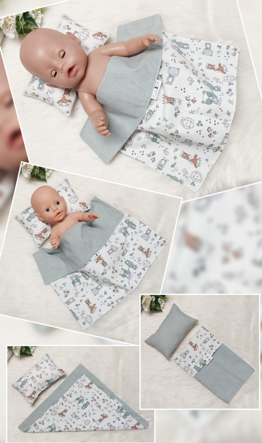 Puppenbettwäsche Set 2-tlg. „Tiere“ – Wende-Decke & Kissen, Öko-Tex zertifiziert