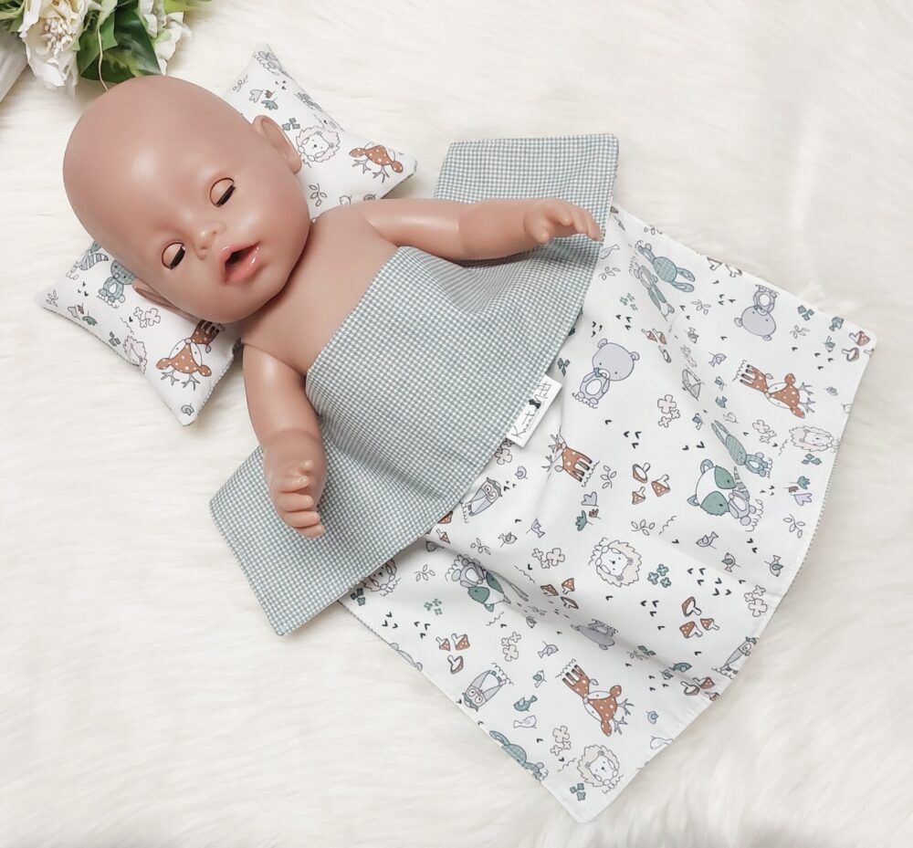 Puppenbettwäsche Set 2-tlg. „Tiere“ – Wende-Decke & Kissen, Öko-Tex zertifiziert