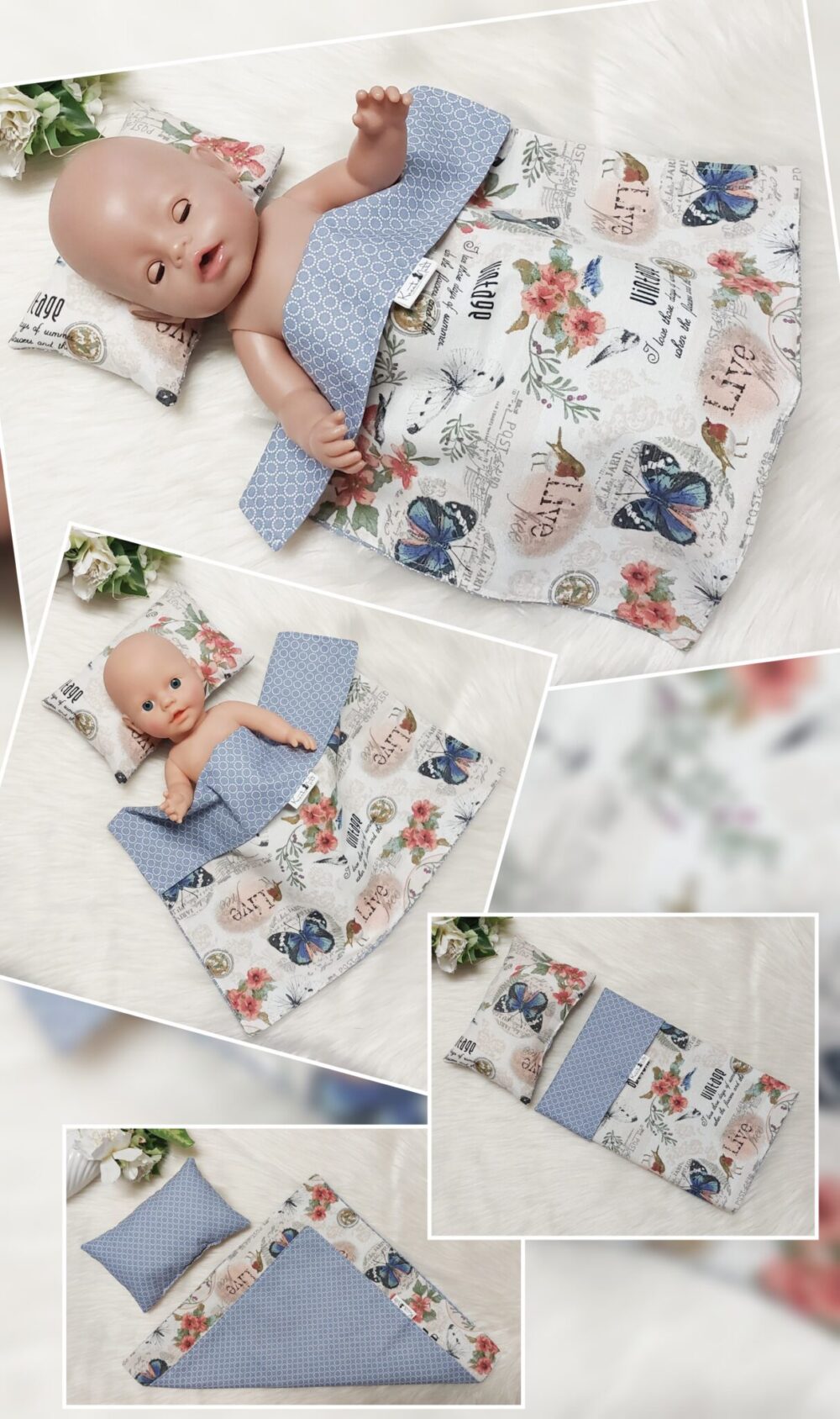 Puppenbettwäsche Set 2-tlg. „Vintage“ – Wende-Decke & Kissen, Öko-Tex zertifiziert