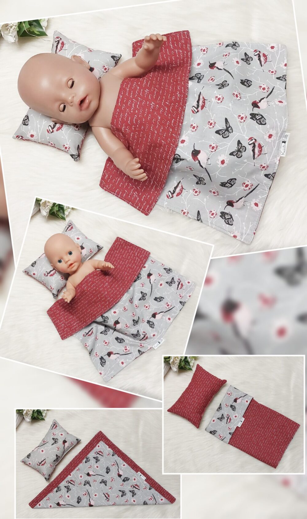 Puppenbettwäsche Set 2-tlg. „Vögel“ – Wende-Decke & Kissen, Öko-Tex zertifiziert