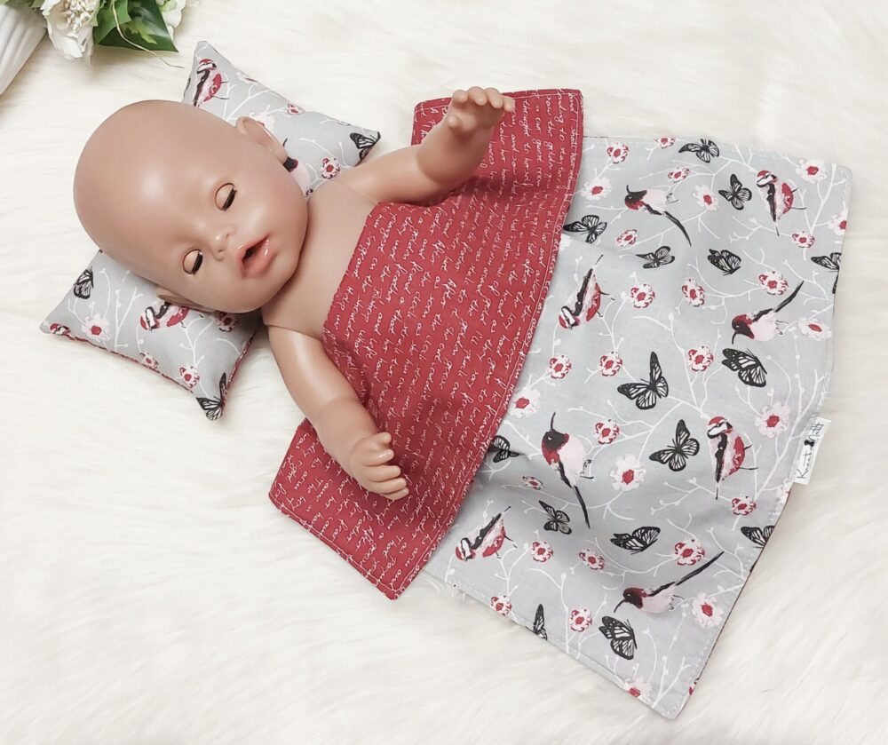 Puppenbettwäsche Set 2-tlg. „Vögel“ – Wende-Decke & Kissen, Öko-Tex zertifiziert