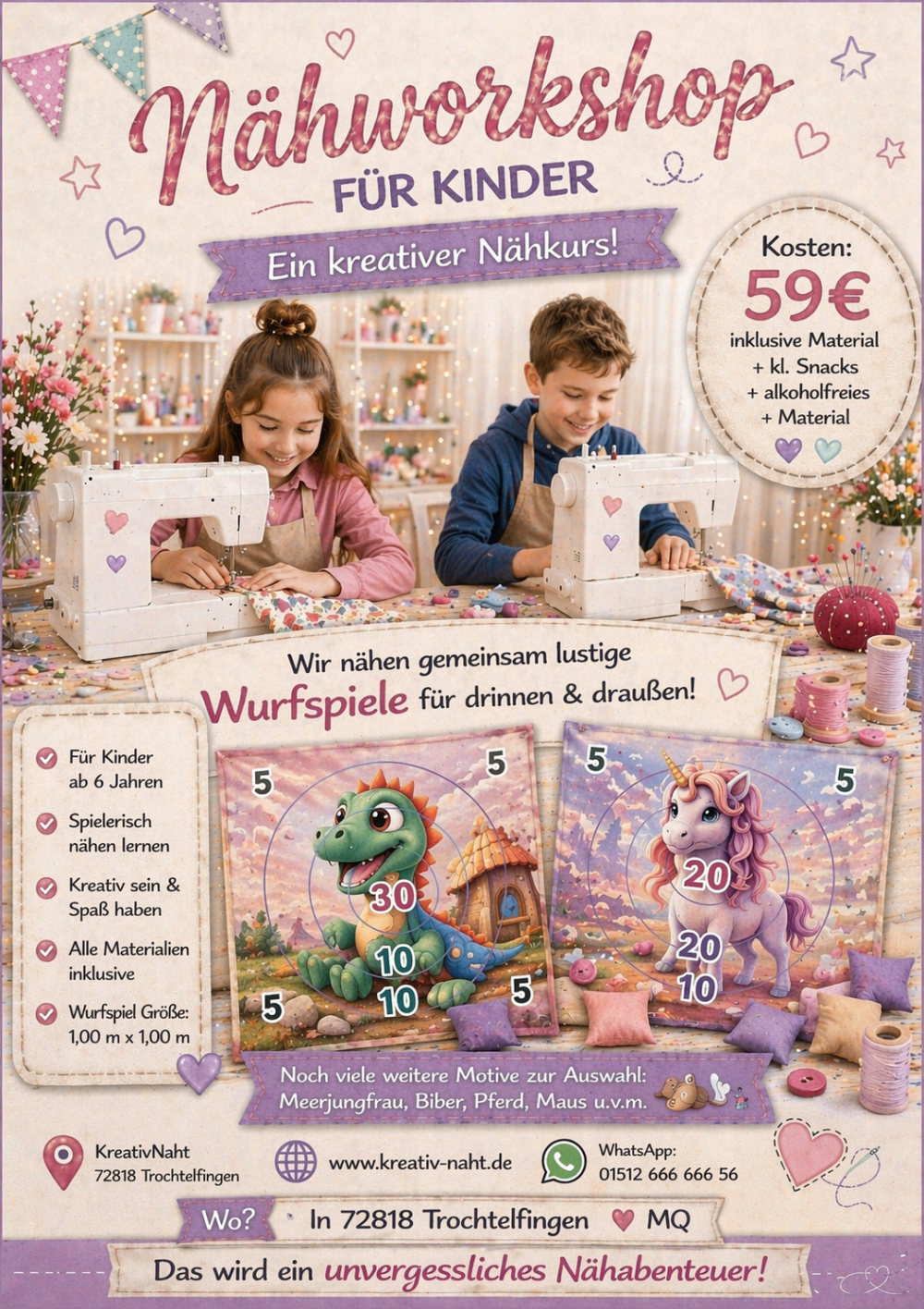 Nähkurs / Nähworkshop für Kinder – Wir nähen ein cooles Wurfspiel – für drinnen + draußen - Kursdauer 3 Stunden