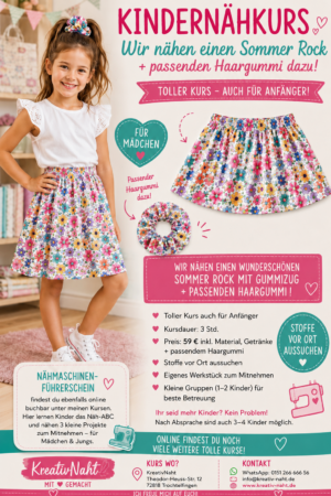 Nähworkshop für Kinder – Näh dein erstes Sommeroutfit – Rock + Haargummi im Partnerlook! - Kursdauer: 3 Stunden