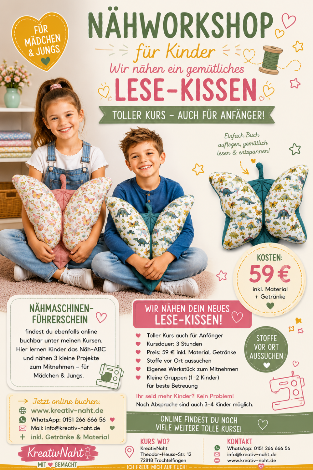Nähworkshop für Kinder – Lese-Kissen Schmetterling - Kursdauer 3 Stunden