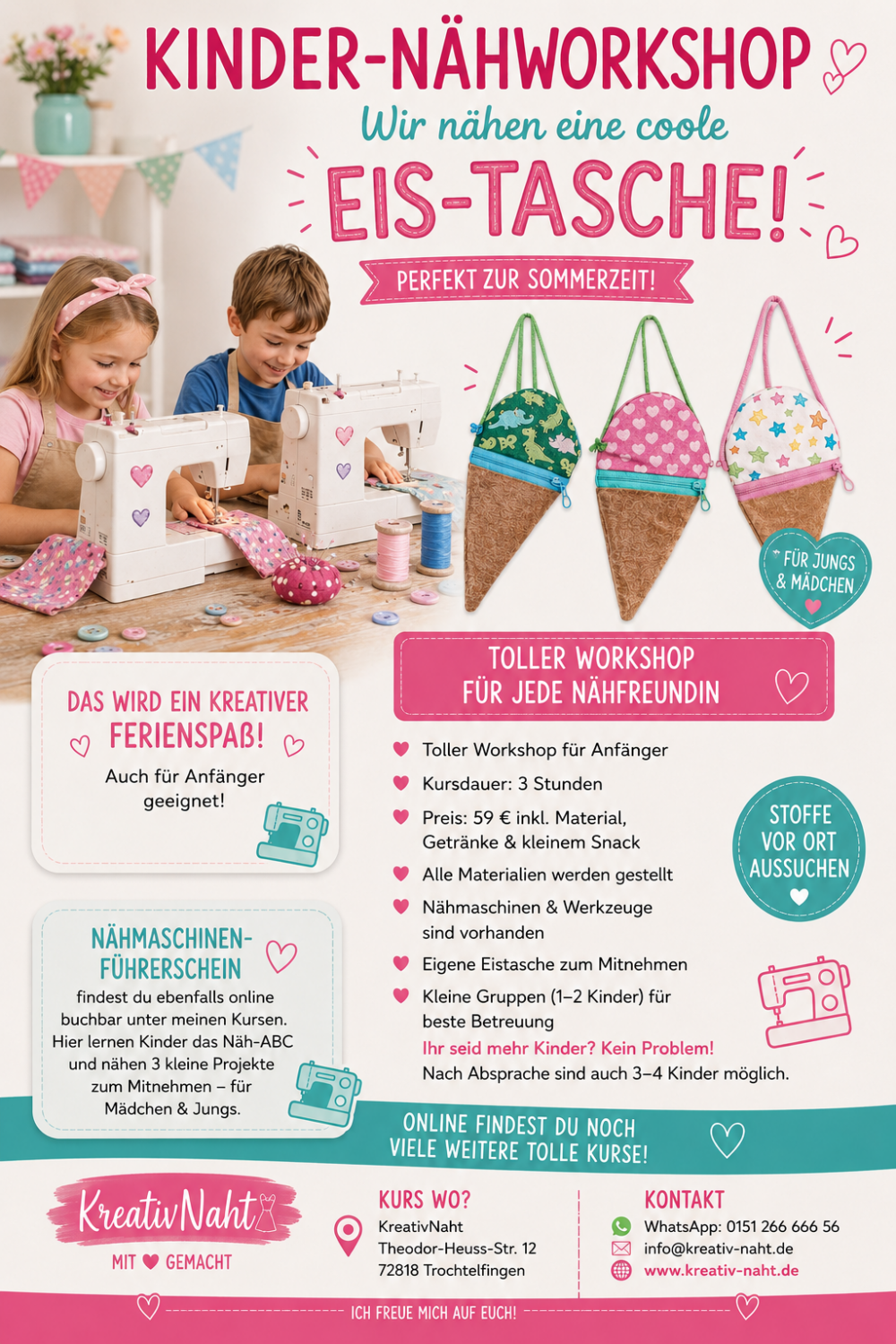 Nähkurs / Nähworkshop für Kinder – Wir nähen eine coole Eis-Tasche! - Kursdauer 3 Stunden