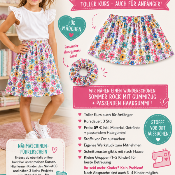 Nähworkshop für Kinder – Näh dein erstes Sommeroutfit – Rock + Haargummi im Partnerlook! - Kursdauer: 3 Stunden