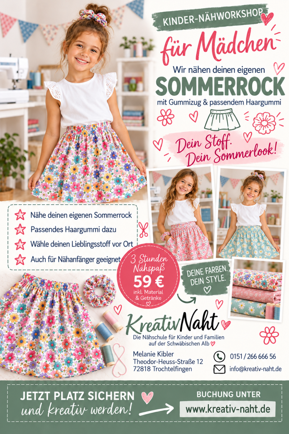 Nähworkshop für Kinder – Näh dein erstes Sommeroutfit – Rock + Haargummi im Partnerlook! -/ Kursdauer: 3 Stunden