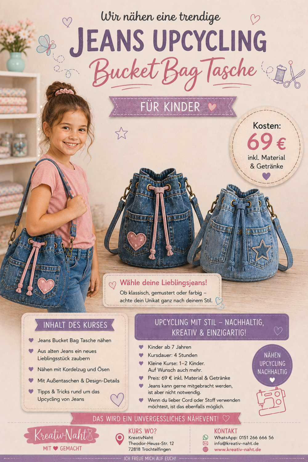 Nähworkshop für Kinder – Wir nähen eine trendige Jeans-Upcycling Bucket Bag Tasche - Kursdauer 4 Stunden
