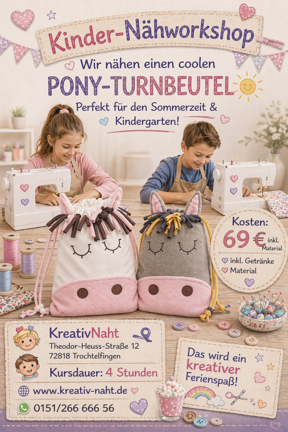 Nähworkshop für Kinder – Pony-Turnbeutel nähen 🐴💖 - Kursdauer 4 Stunden