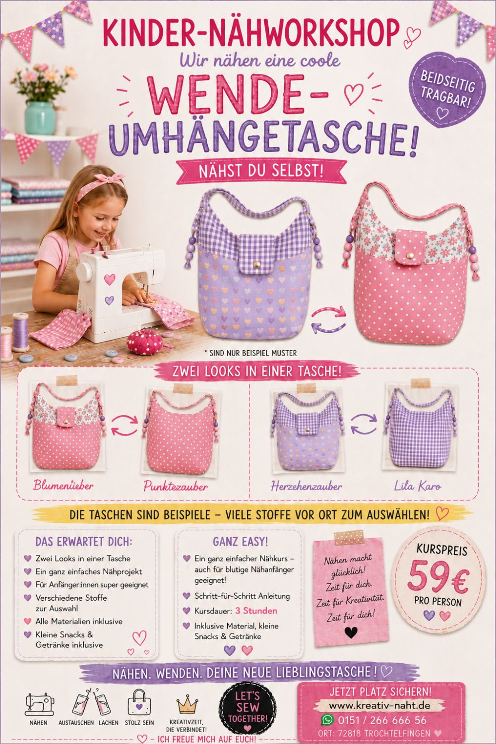Nähworkshop für Kinder: Wende-Umhängetasche nähen 👜✨💕/ Kursdauer: 3 Stunden
