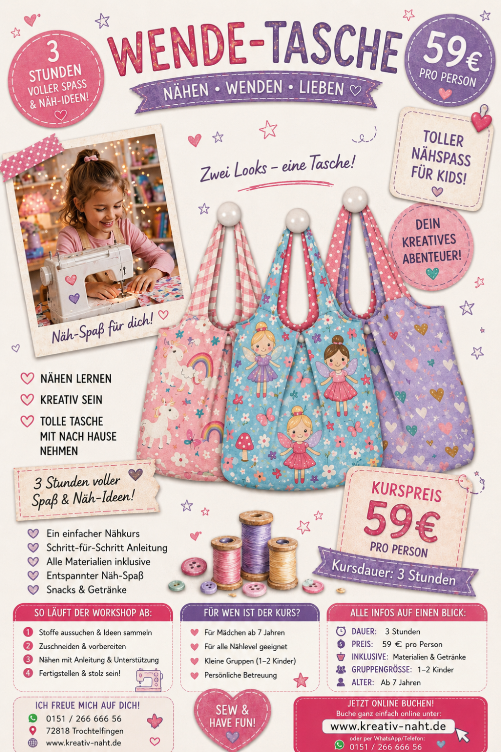 Nähkurs / Nähworkshop für Kinder – Wende-Tasche nähen 💖🧵✨ Kursdauer: 3 Stunden