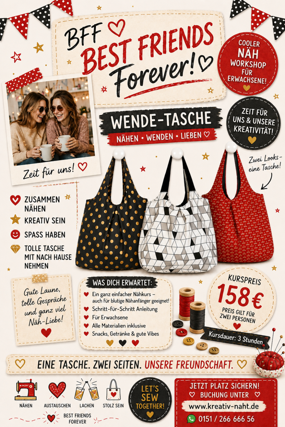 Nähkurs / Nähworkshop - BFF (BestFriendsForever) Nähworkshop für Erwachsene: Wende-Tasche nähen 💖🧵✨ - Kursdauer: 3 Stunden