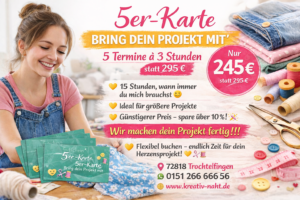 🧵✨ 5er-Karte „Bring dein Projekt mit“ ✂️💛 (Nähkurs / Nähworkshop) Mehr Zeit für dein Nähprojekt – ganz flexibel und mit persönlicher Unterstützung 😊