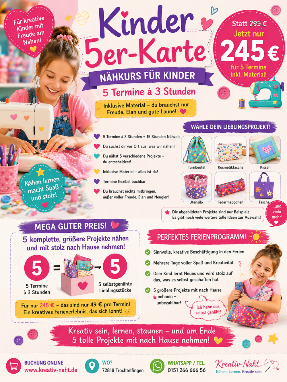 Kinder 5er-Karte – Nähkurs für Kinder ✂️Perfektes Ferienprogramm für kreative Kinder! ☀️🎉
