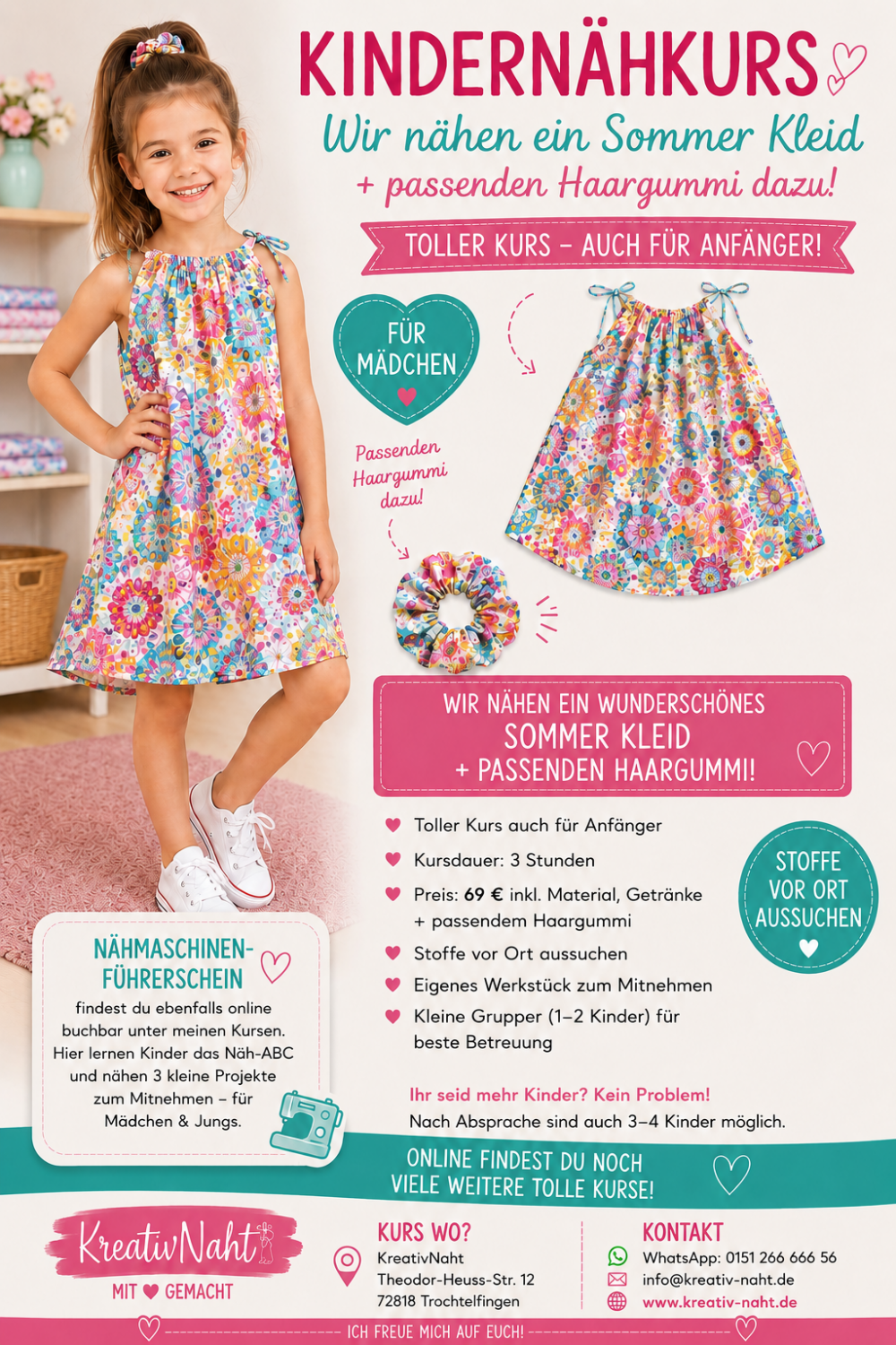 Nähworkshop für Kinder – Näh dein erstes Sommeroutfit – Kleid + Haargummi im Partnerlook! - Kursdauer: 3 Stunden