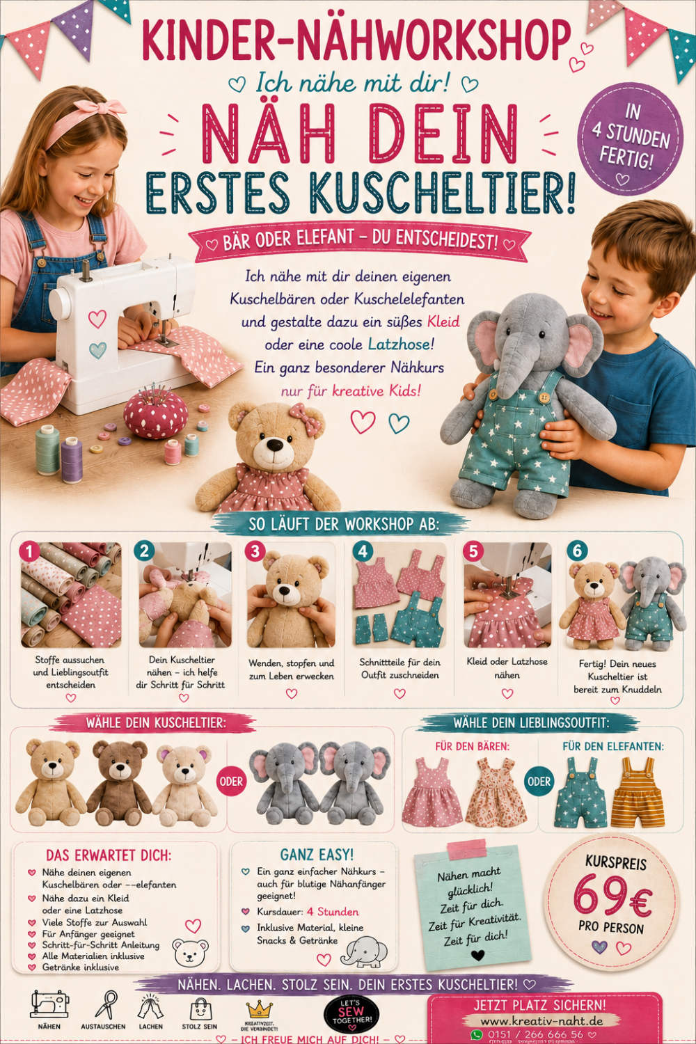 Nähworkshop für Kinder – Näh dein erstes Kuscheltier! 🐘🐻 - Kursdauer 4 Stunden