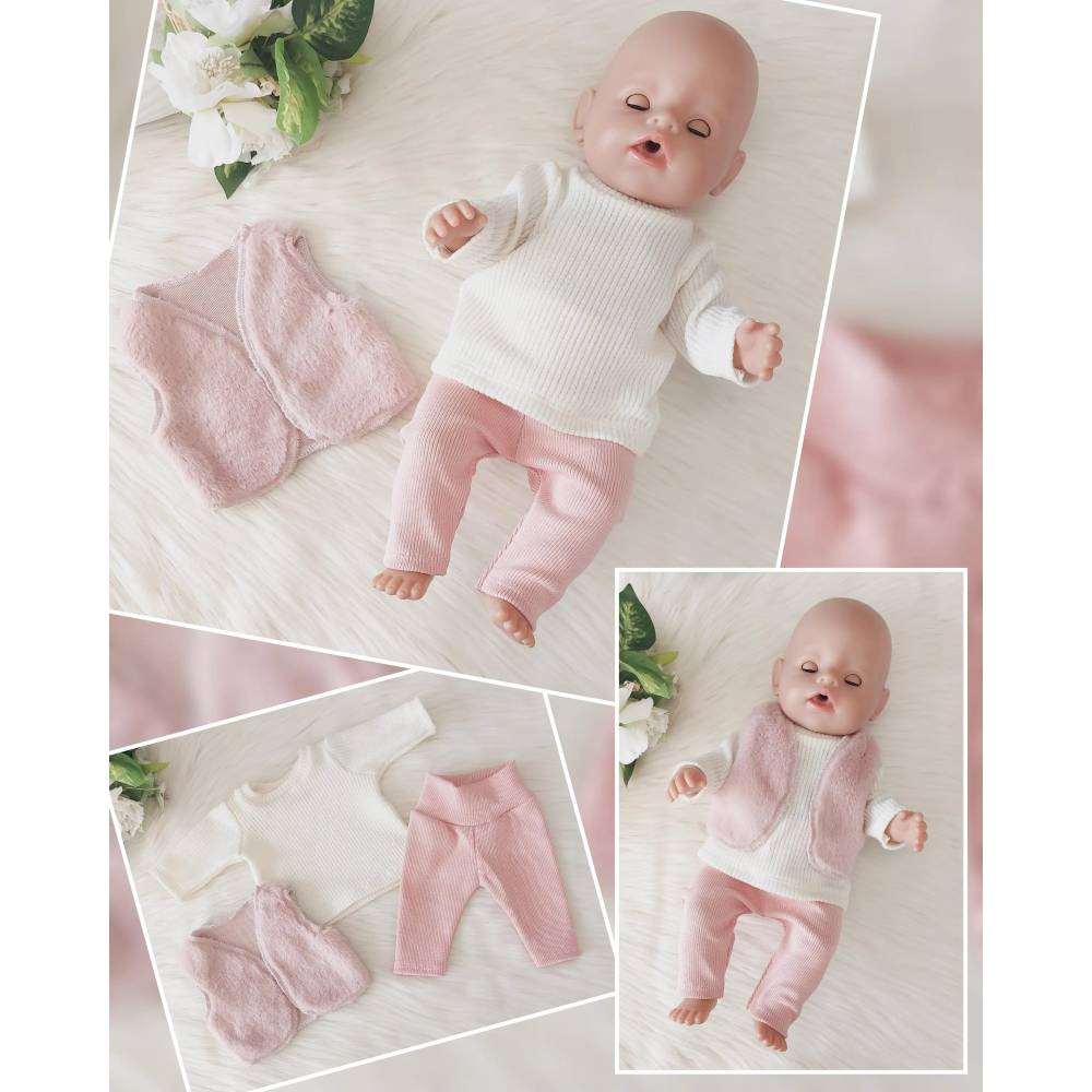 Puppenkleidung Set „Pastell Rosa" – Kuschelige Puppenweste, Pullover & Hose | 3-teilig oder einzeln erhältlich