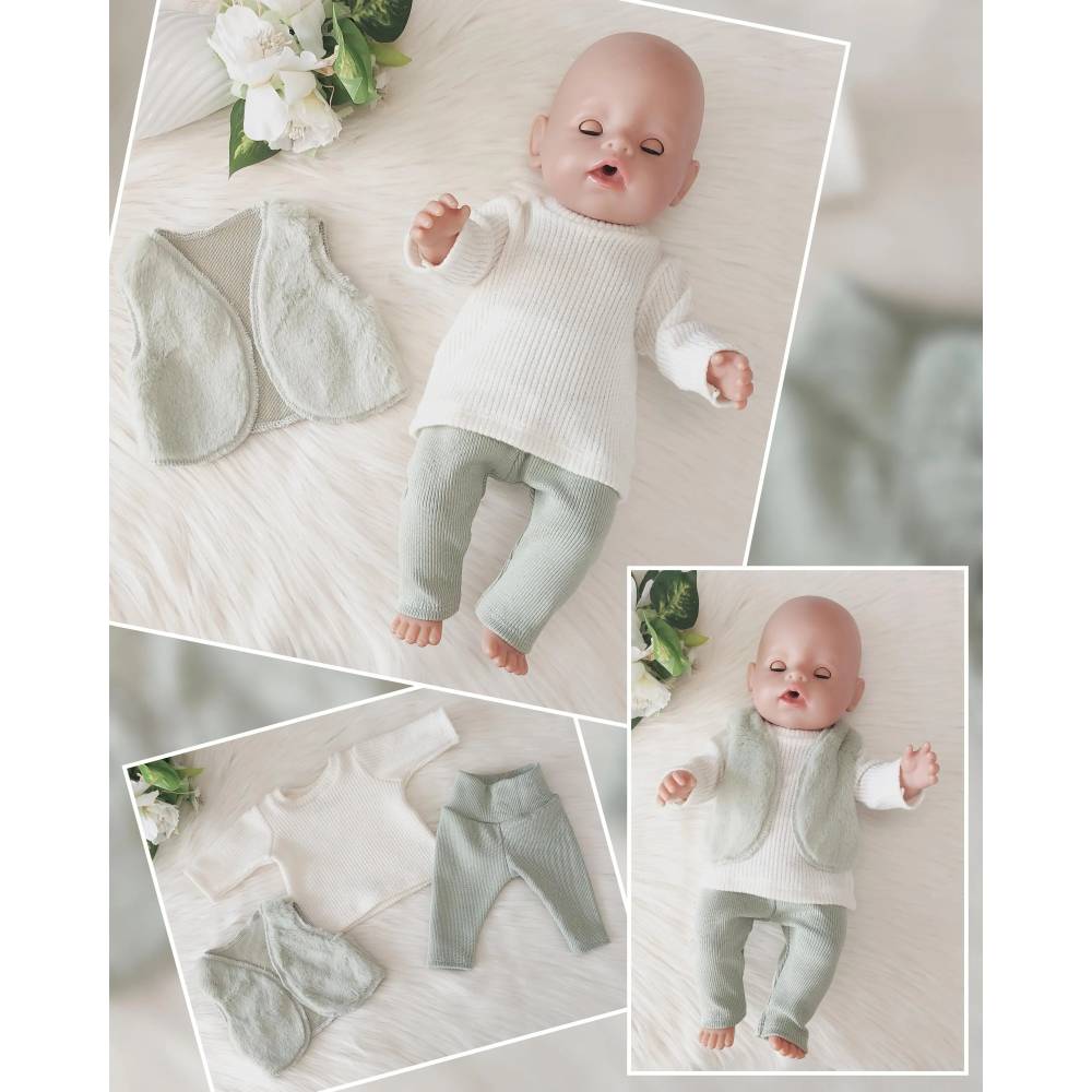 Puppenkleidung Set „Pastell Mint" – Kuschelige Puppenweste, Pullover & Hose | 3-teilig oder einzeln erhältlich