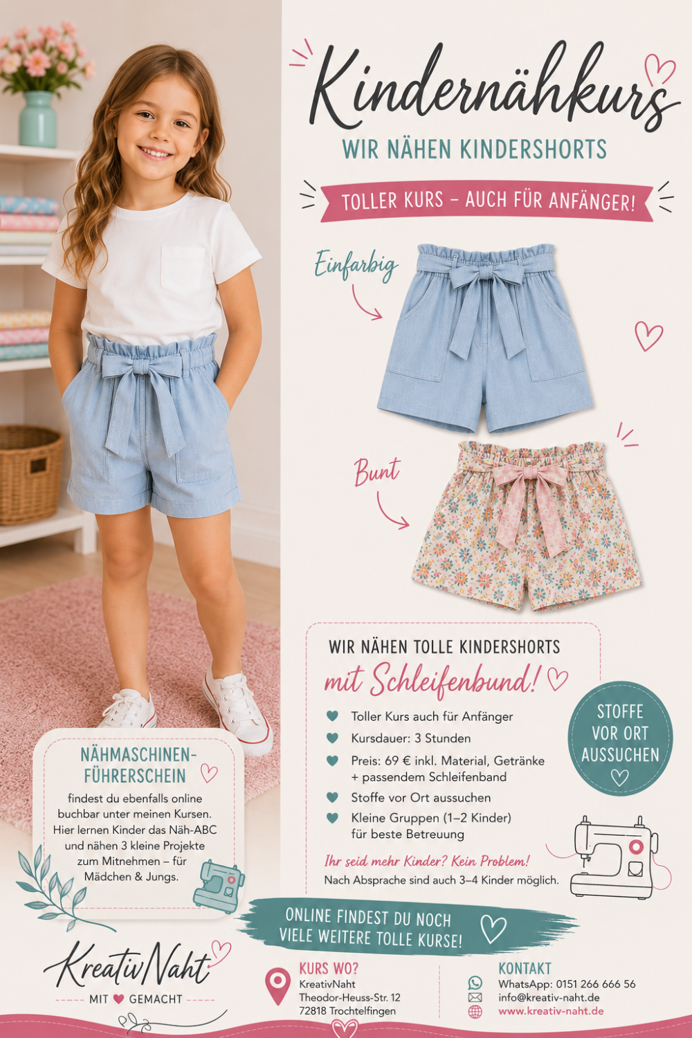 Nähworkshop für Kinder - ✨ Kindernähkurs – Wir nähen coole Kindershorts mit Paperbag-Bund & Schleifenband! ✨🩳🧵 - Kursdauer: 3 Stunden