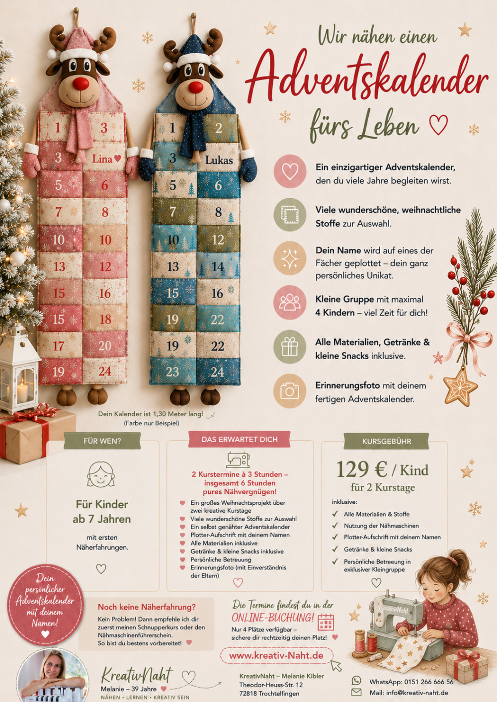 Wir nähen DEINEN Adventskalender fürs Leben! 🎄 Ein Adventskalender ist in wenigen Tagen gekauft – dein selbst genähter Adventskalender begleitet dich viele Jahre und wird zu einer wunderschönen Weihnachtstradition in eurer Familie. 🎁 2 Kurstermine à 3 Stunden – insgesamt 6 Stunden pures Nähvergnügen
