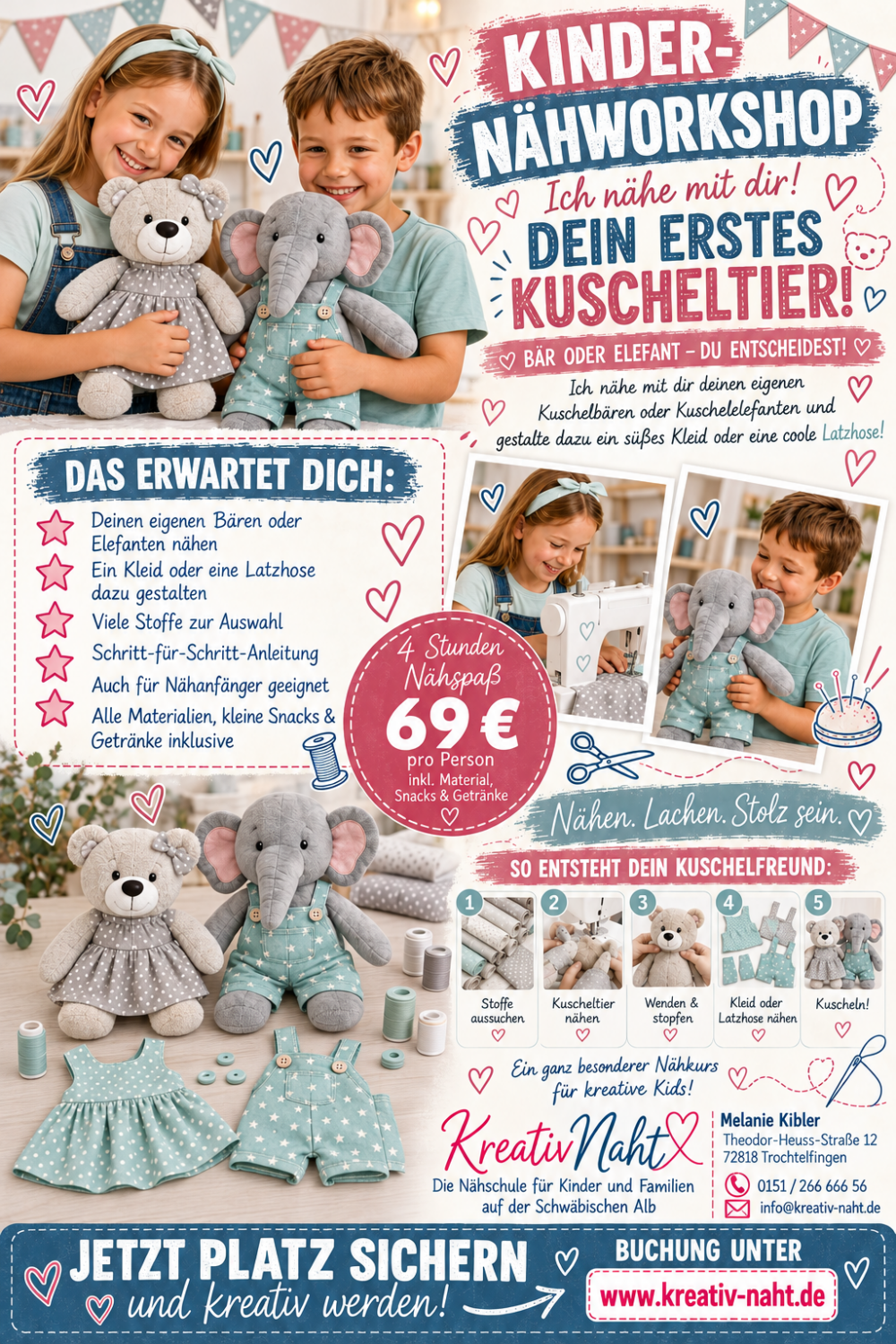 Nähkurs/Workshop für Kinder – Näh dein erstes Kuscheltier (Bär oder Elefant) / Kursdauer: 4 Stunden