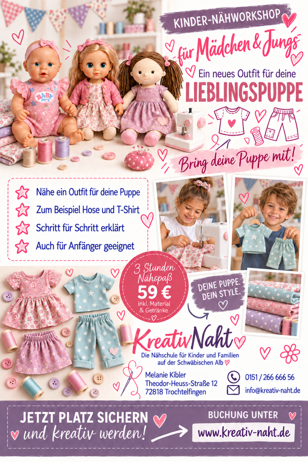 Nähworkshop für Kinder - Bring deine Lieblingspuppe mit und nähe ein neues Outfit / Kursdauer: 3 Stunden