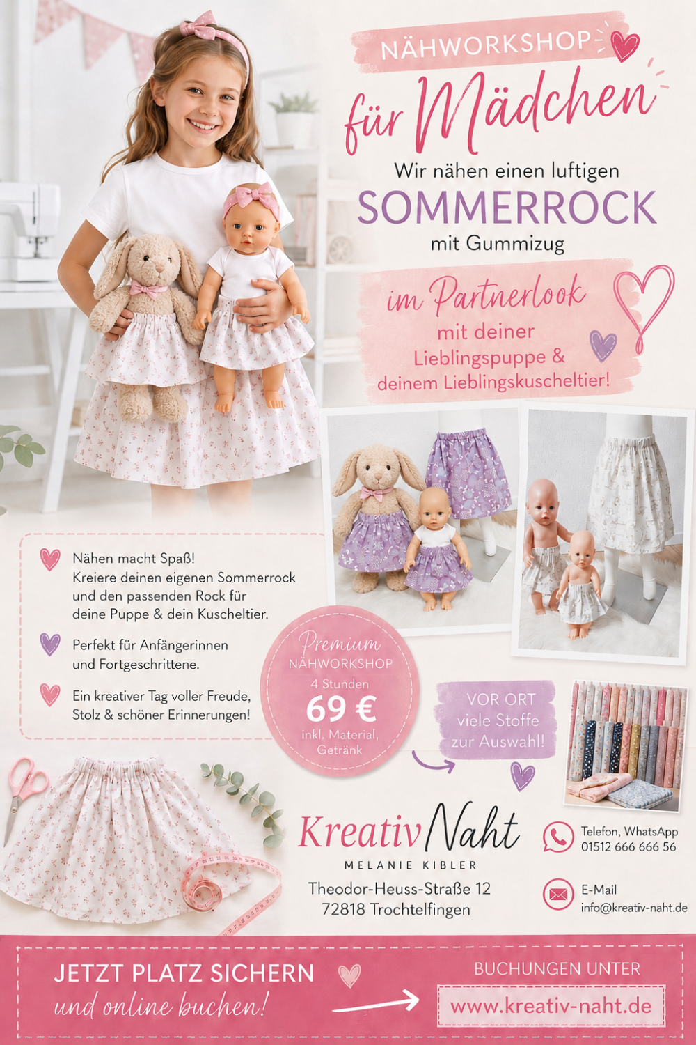 Nähworkshop für Kinder – 🌸 Nähworkshop für Mädchen – Sommerrock im Partnerlook mit deiner Lieblingspuppe/-Kuscheltier🧵🩷 – Premium Nähworkshop / Kursdauer 4 Stunden