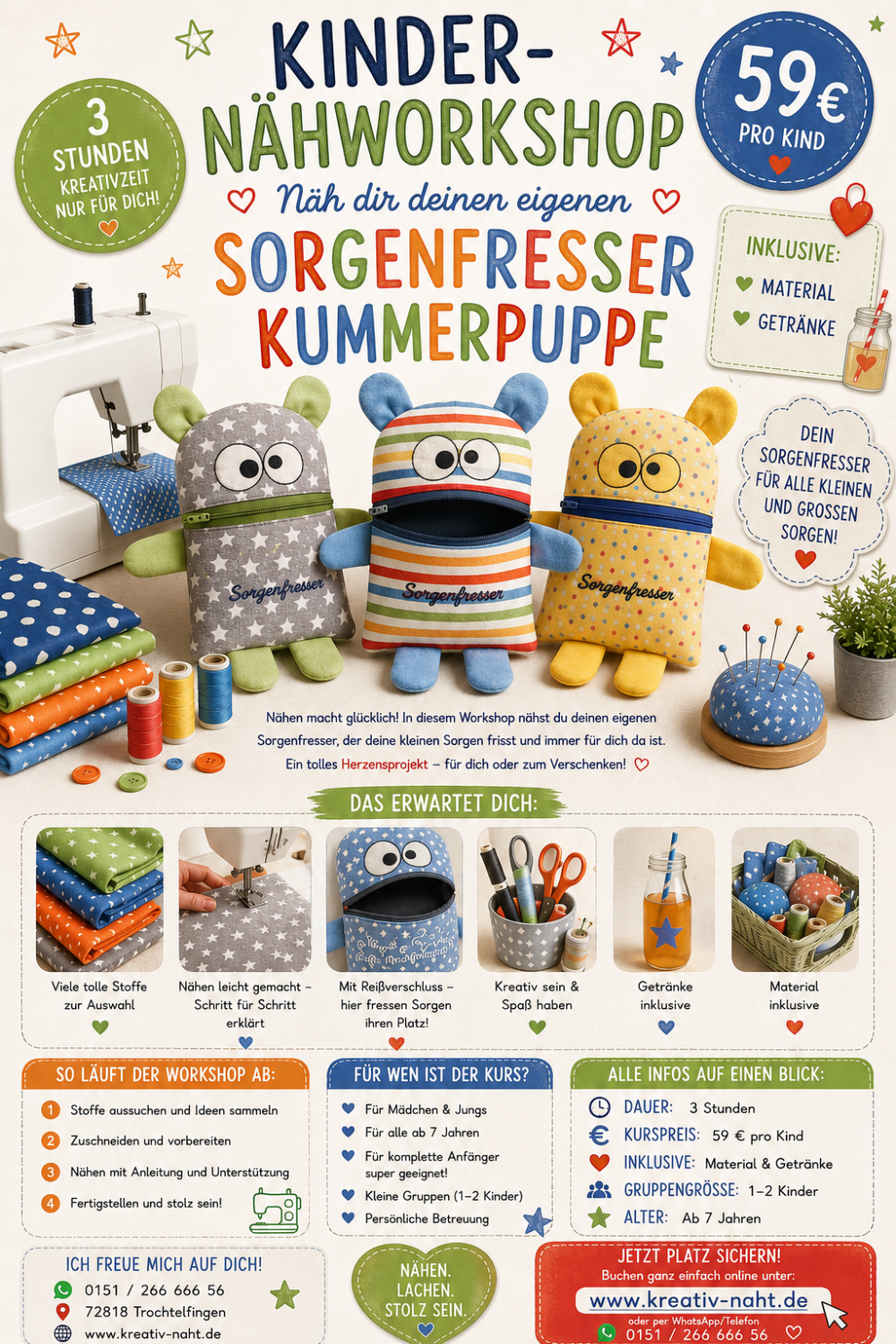 Nähworkshop für Kinder - ✨🧵– Nähe dir deinen eigenen Sorgenfresser / Kummerpuppe! 🧵✨- Kursdauer: 3 Stunden