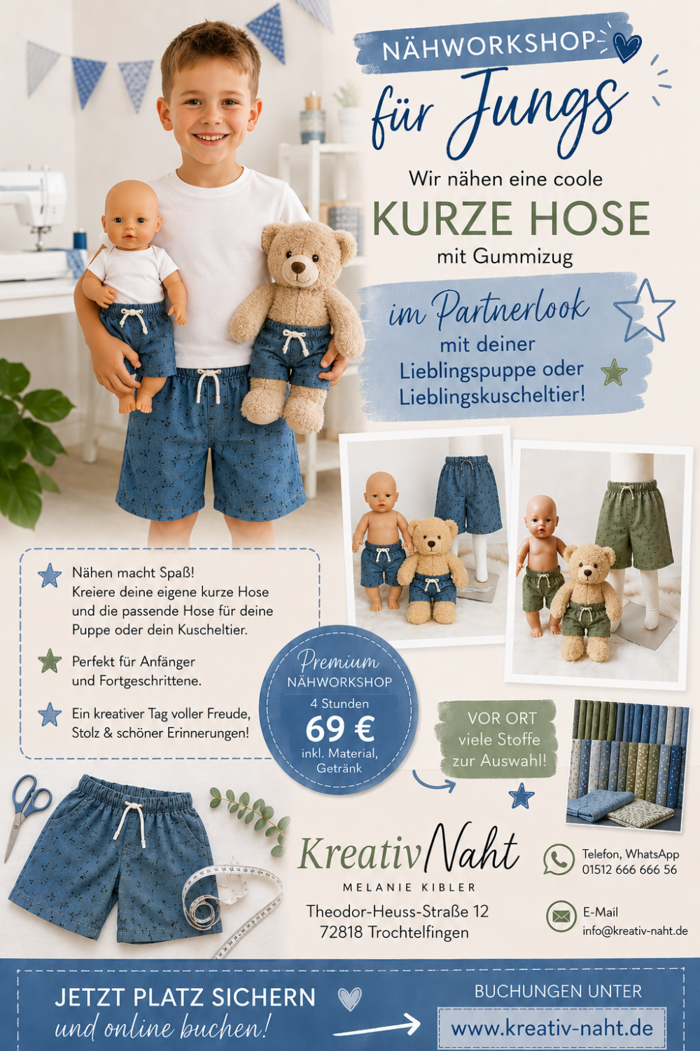 Nähworkshop für Kinder – 💙 Nähworkshop für Jungs – Kurze Hose im Partnerlook mit deiner Lieblingspuppe/-Kuscheltier🧵💙 – Premium Nähworkshop / Kursdauer 4 Stunden