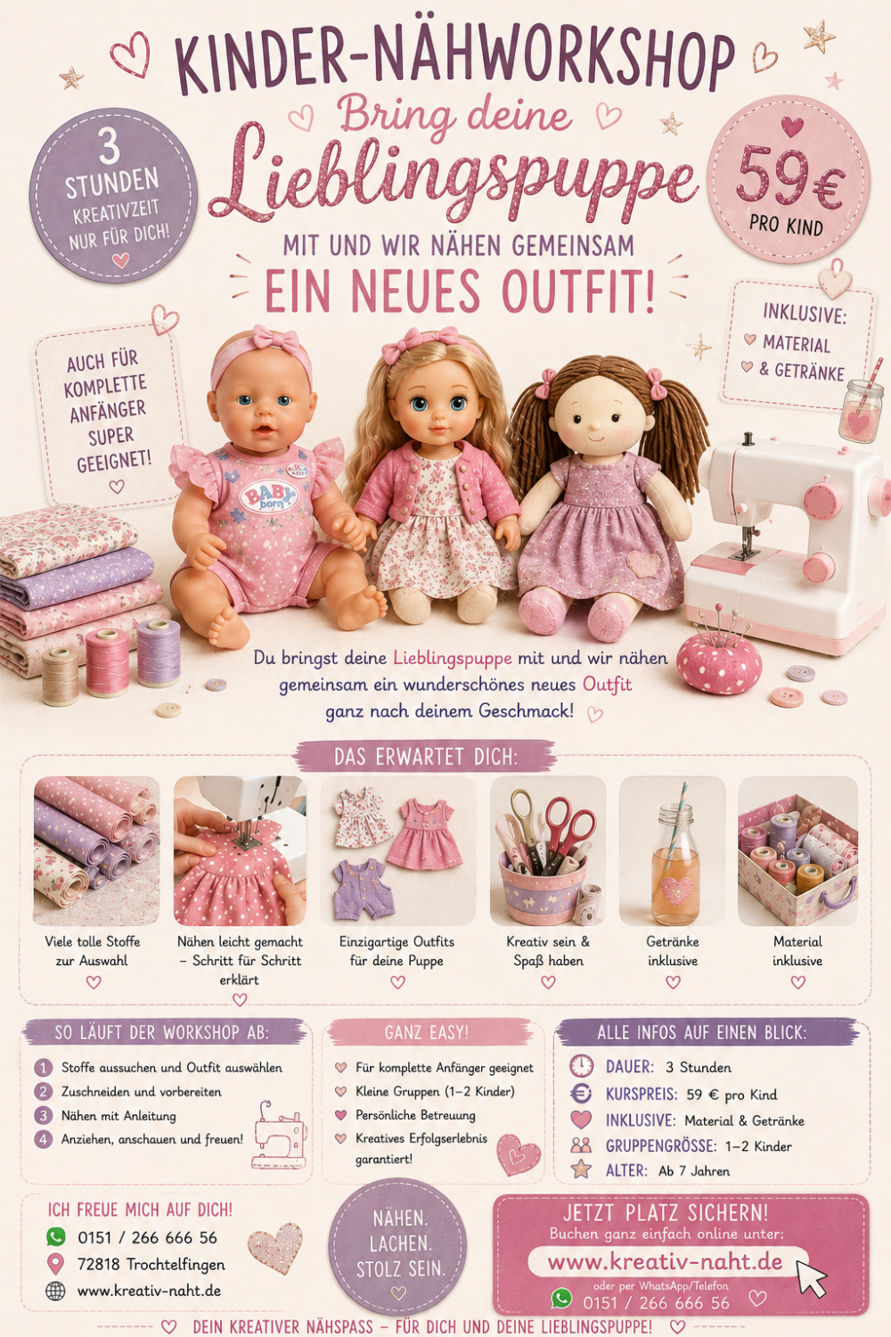 Nähworkshop für Kinder - ✨🧵 👗 Bring deine Lieblingspuppe mit und nähe ein neues Outfit! 👗- Kursdauer: 3 Stunden