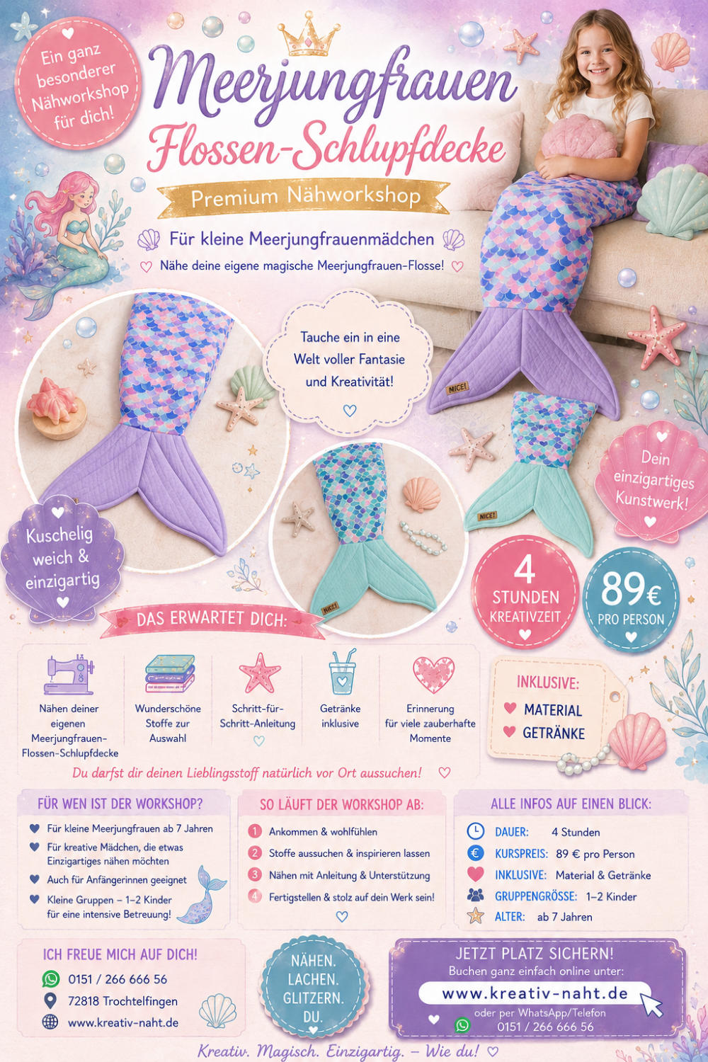 Nähworkshop für Kinder – 🧜♀️🌊 Meerjungfrauen-Flossen-Schlupfdecke – Premium Nähworkshop 🌊🧜♀️ - Kursdauer 4 Stunden