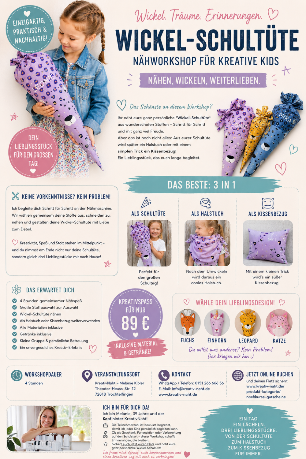 Nähworkshop – Nähe deine ganz persönliche Schultüte ✨🎒✨ Wickel-Schultüte nähen – 3 Lieblingsstücke in einem Workshop! 🧵🦊🦄 – für einen unvergesslichen ersten Schultag!💛/ Kursdauer: 3-4 Stunden