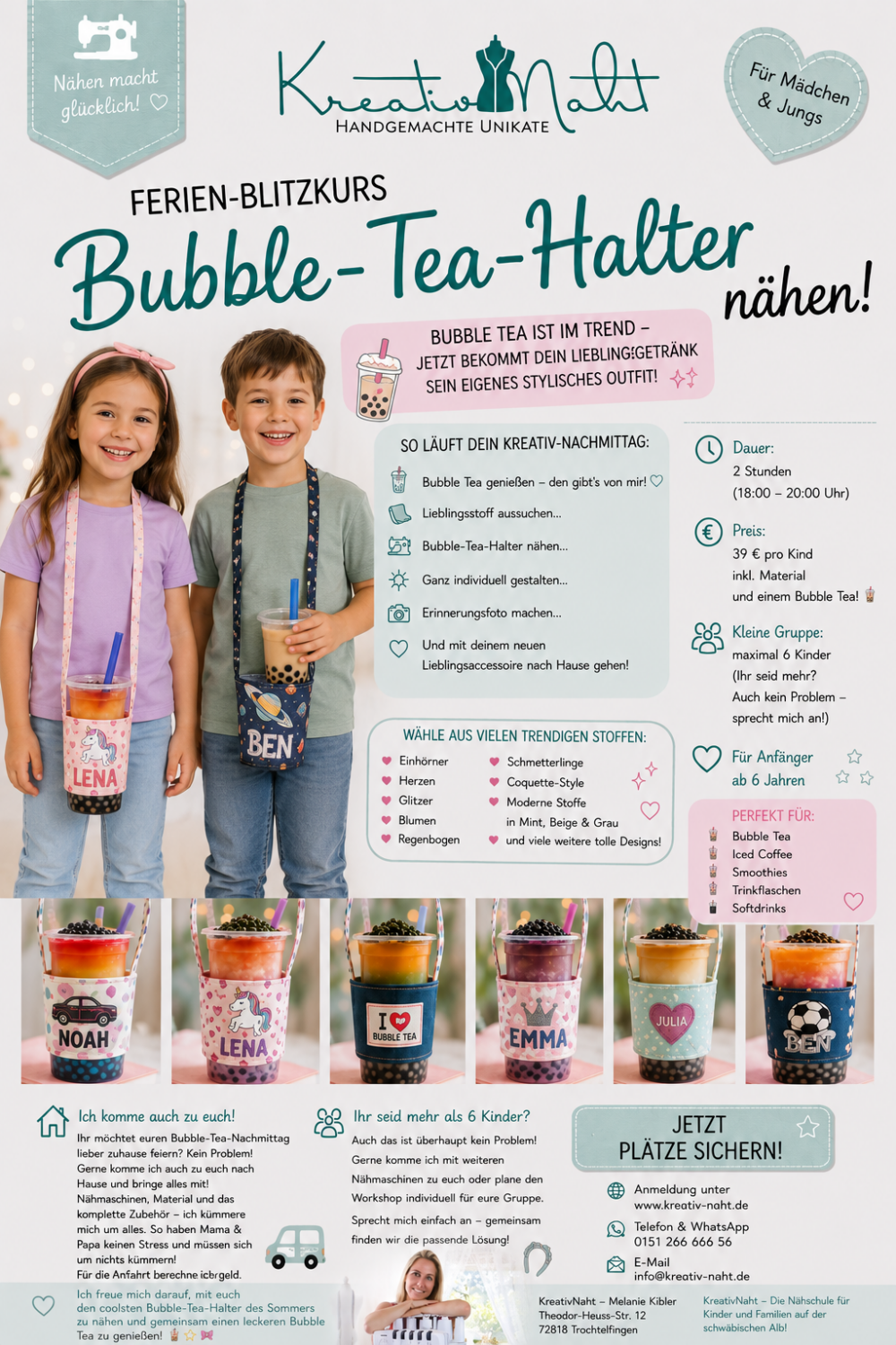 Ferien-Blitzkurs: Bubble-Tea-Halter nähen! Dein stylischer Begleiter für Bubble Tea, Iced Coffee & Co. - Kursdauer: 2 Stunden / perfekt für blutige Anfänger oder schon kleine Nähprofis / Mädchen & Jungs (Kopie)