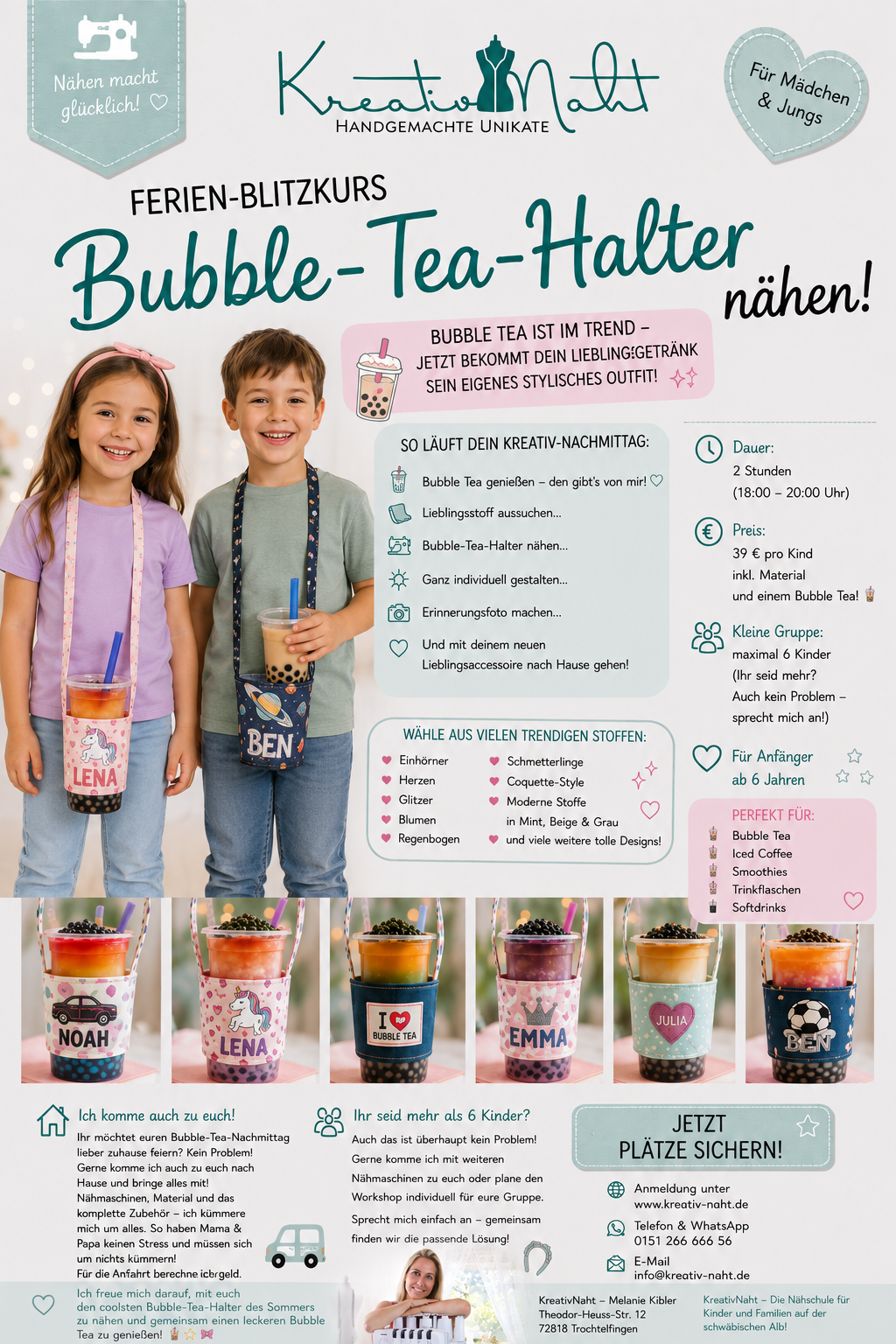 Ferien-Blitzkurs: Bubble-Tea-Halter nähen! Dein stylischer Begleiter für Bubble Tea, Iced Coffee & Co. - Kursdauer: 2 Stunden / perfekt für blutige Anfänger oder schon kleine Nähprofis / Mädchen & Jungs (Kopie)